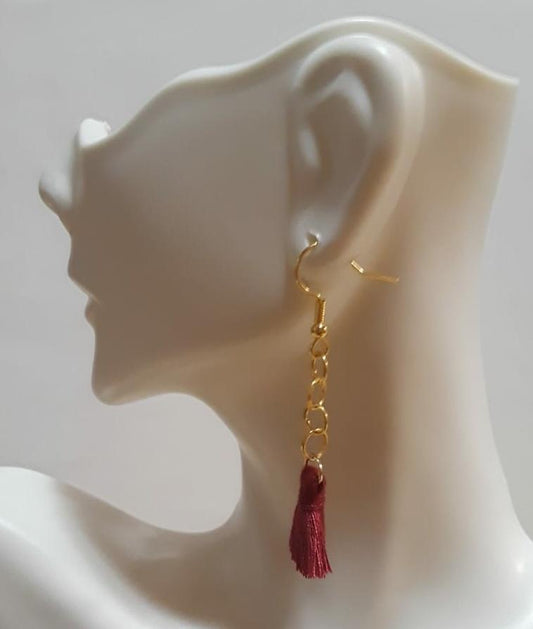 Long Single Tassel Earring - burgundy